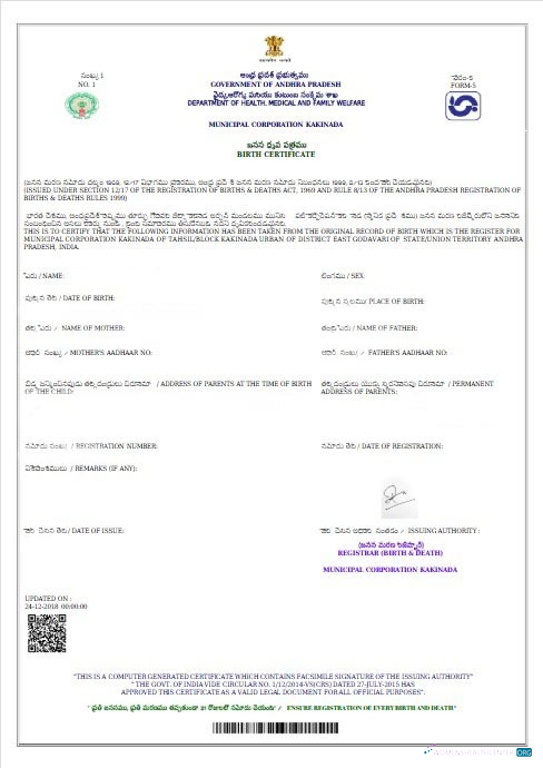 Download India Government of Andhra Pradesh birth certificate Photoshop template